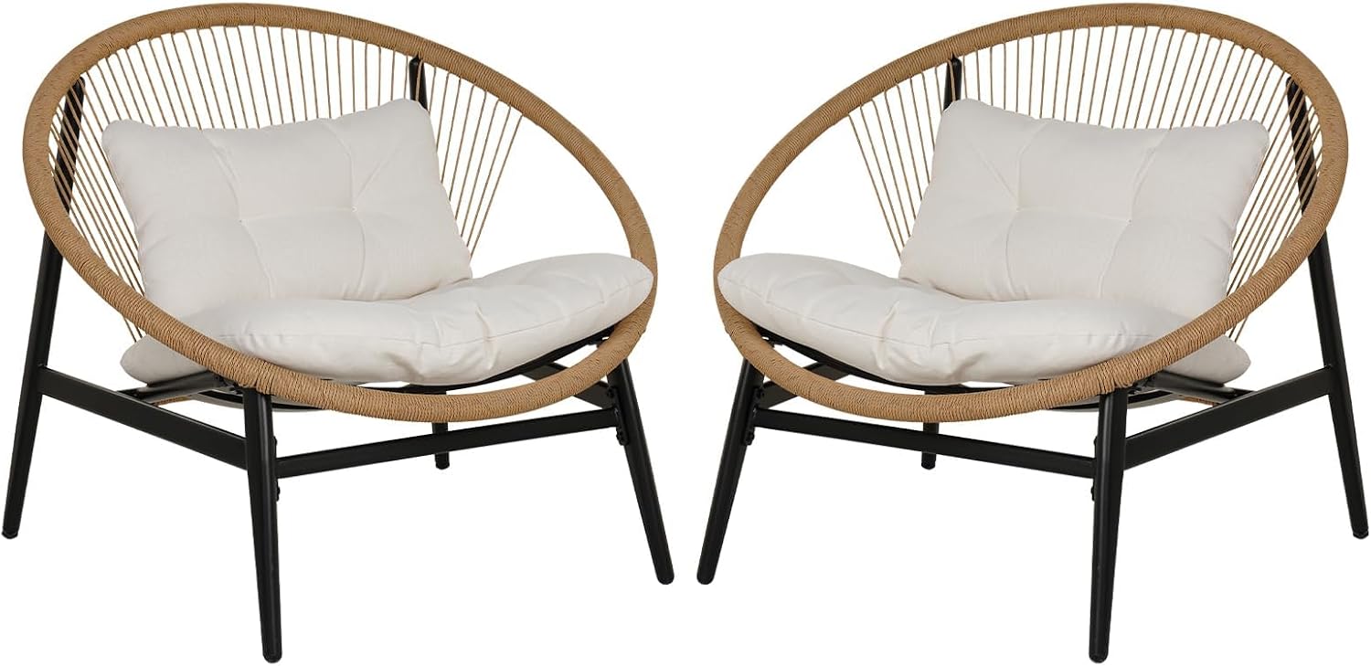 Grand patio Oversized Outdoor Chairs Set of 2, Wicker Patio Chairs with Beige Cushion, Outdoor Furniture Set for Porch Balcony Deck Garden