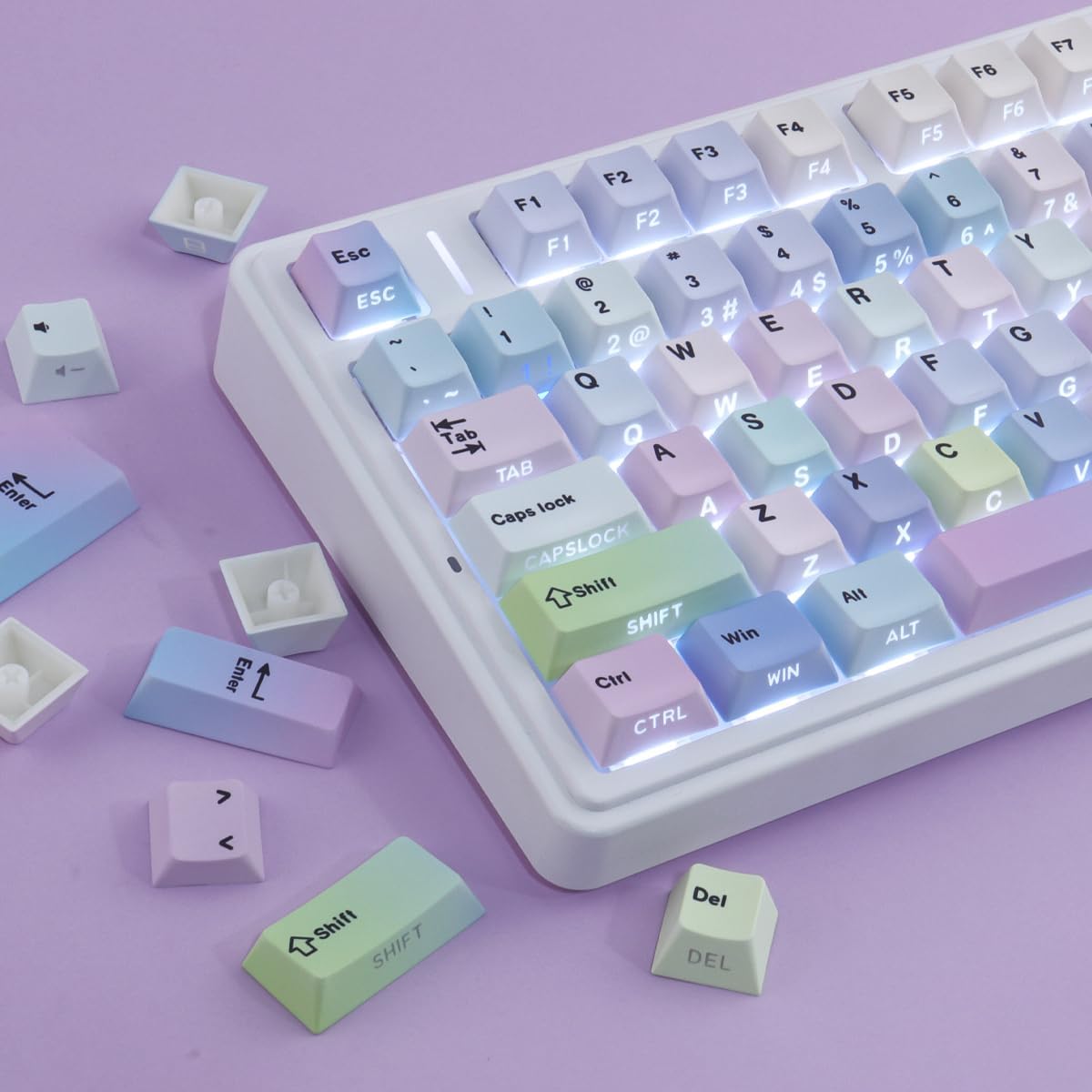 Sunzit Dreamy Purple Keycaps,132 Keys PBT Custom Side Print Keycaps,Cherry Profile Dye Sub Keycap Set,Cute Shine Through Keyboard Key caps for Mechanical Keyboards