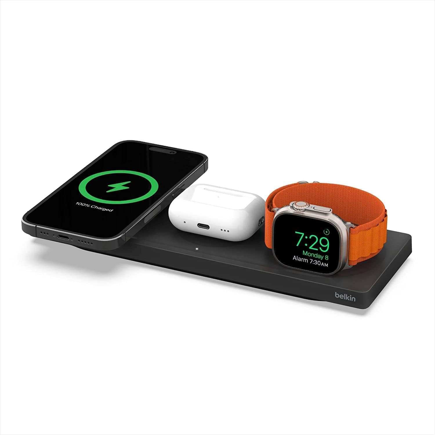 Belkin BOOST CHARGE PRO 3-in-1 Wireless Fast Charging Pad with MagSafe for iPhone 15,14,13,12. Apple Watch 1, 2, 3, 4, 5, 6, 7, 8, 9, SE, Ultra, Ultra 2, AirPods, Pro, 2nd Gen, 3rd Gen – Black