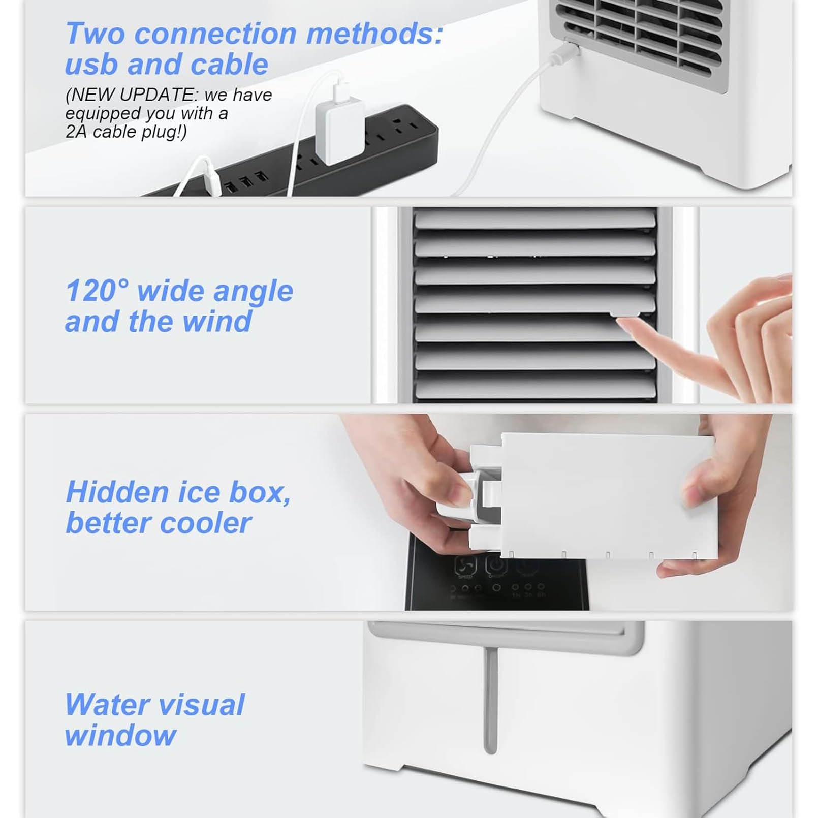 Raffrescatore evaporativo Portatile con USB, Ventilatore a 3 velocità, Touch Screen, Ideale per Ambienti Interni, Tende, Campeggio e attività all'aperto.