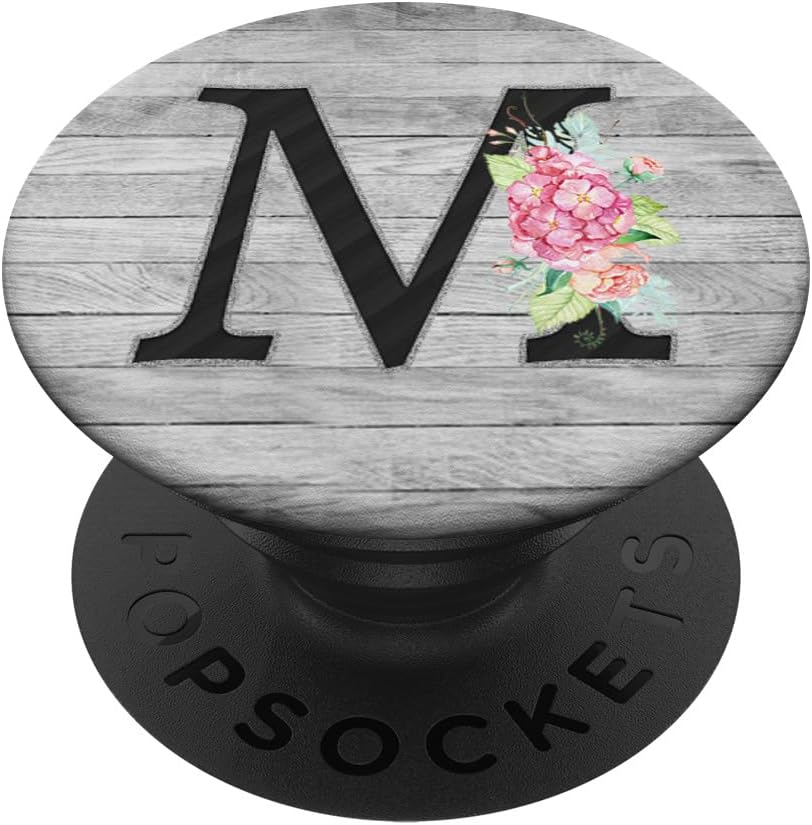 Black Letter-M On Vintage Gray Look Pink Floral PopSockets MagSafe PopGrip for iPhone