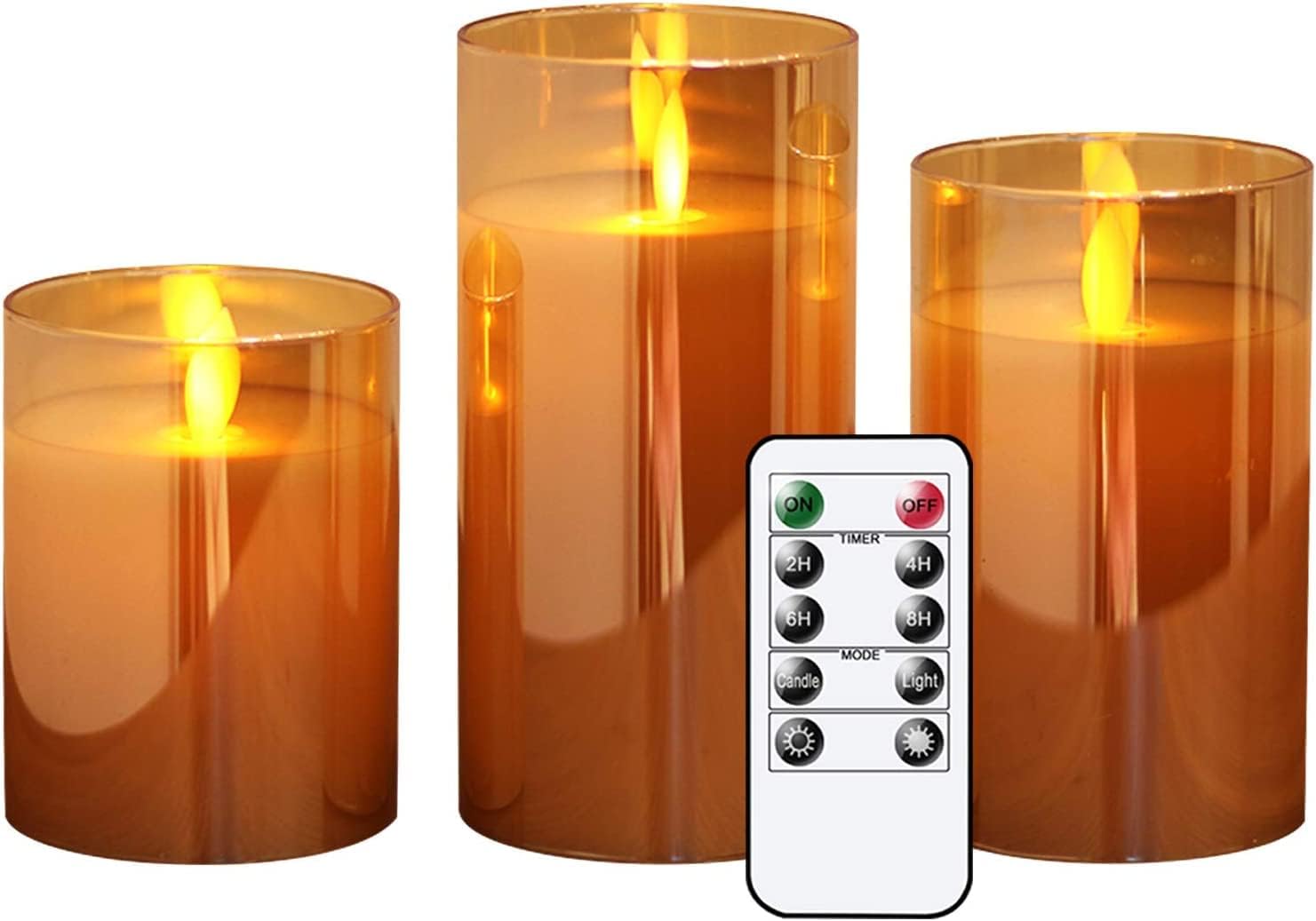 Gold Glass flameless Candles Flickering with Remote, Moving Wick