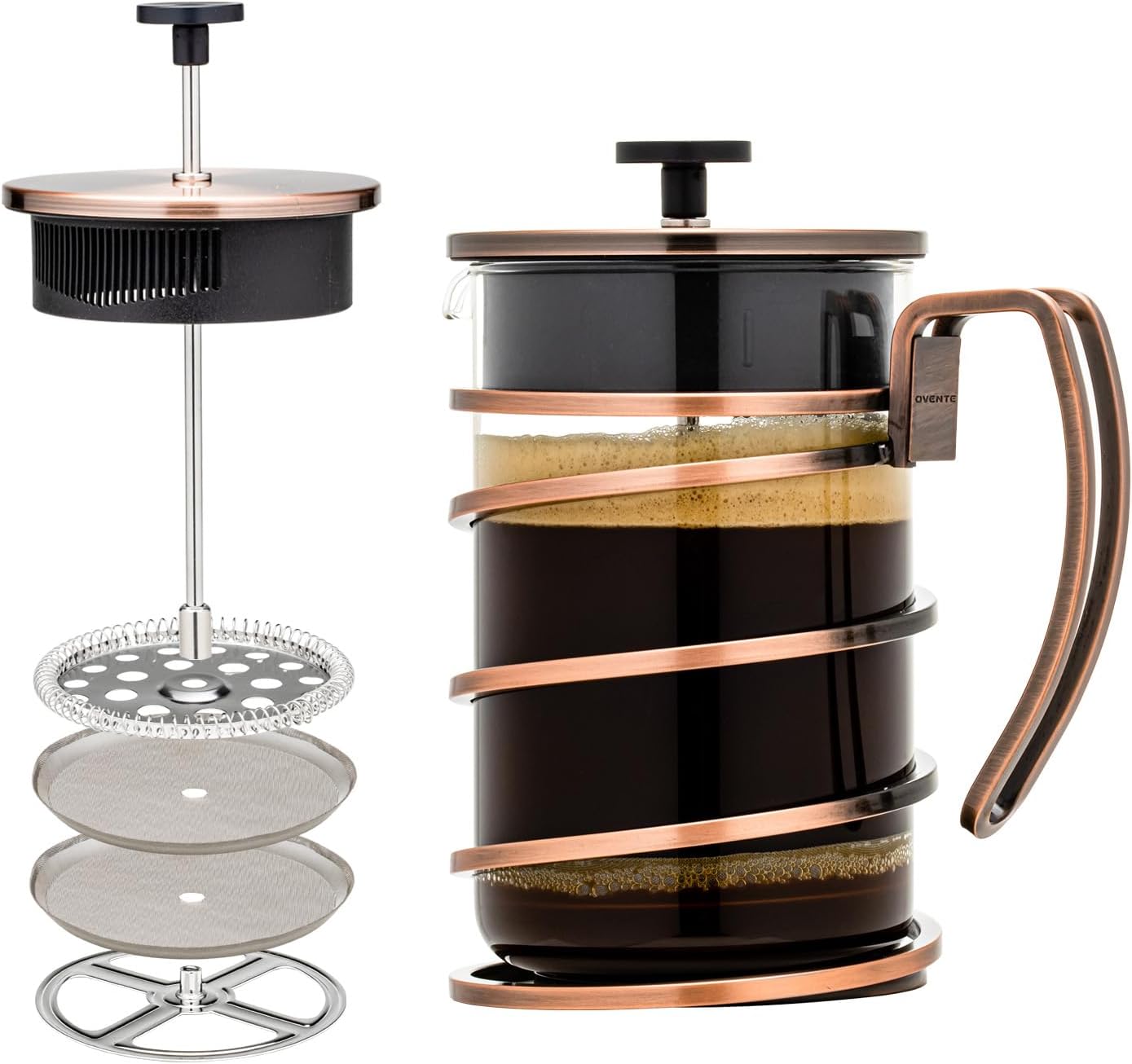 OVENTE French Press Coffee Maker 27 Ounce with Heat Resistant Borosilicate Glass, Stainless Steel Design and 4-Level Filter System, Portable Cold Brewer Pot for Travel, Camping or Gift, Copper FSW27C