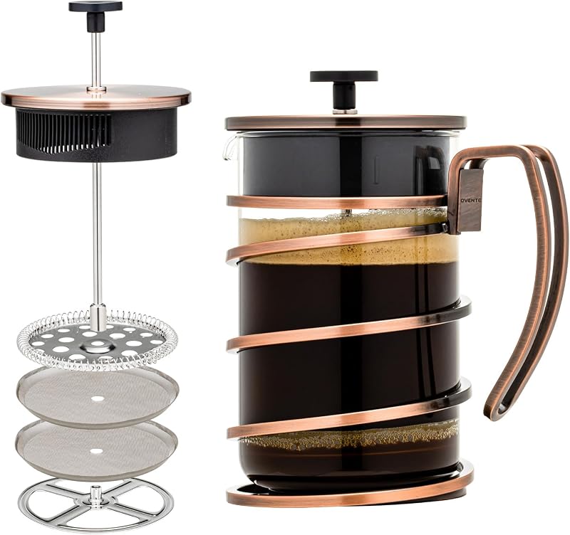 French Press Coffee Maker 27oz with 4 Filters System, Copper FSW27C | Heat Resistant Borosilicate Glass Cafetiere, Durable and BPA-Free Materials, Cold Brewed Tea Pot Plunger for Camping or Gift