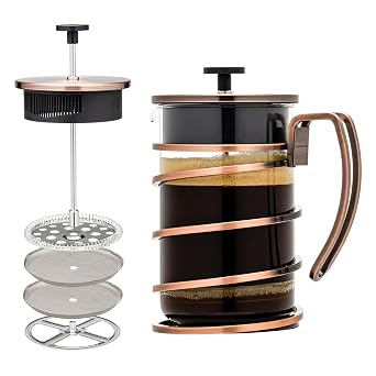 OVENTE French Press Coffee Maker 27 Ounce with Heat Resistant Borosilicate Glass, Stainless Steel Design and 4-Level Filter System, Portable Cold Brewer Pot for Travel, Camping or Gift, Copper FSW27C