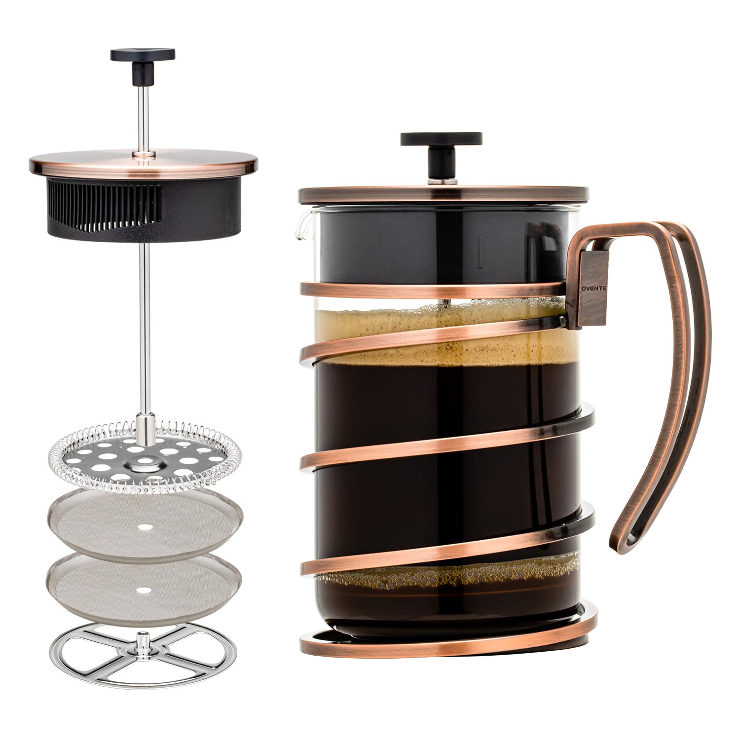 OVENTE French Press Coffee Maker 27 Ounce with Heat Resistant Borosilicate Glass, Stainless Steel Design and 4-Level Filter System, Portable Cold Brewer Pot for Travel, Camping or Gift, Copper FSW27C