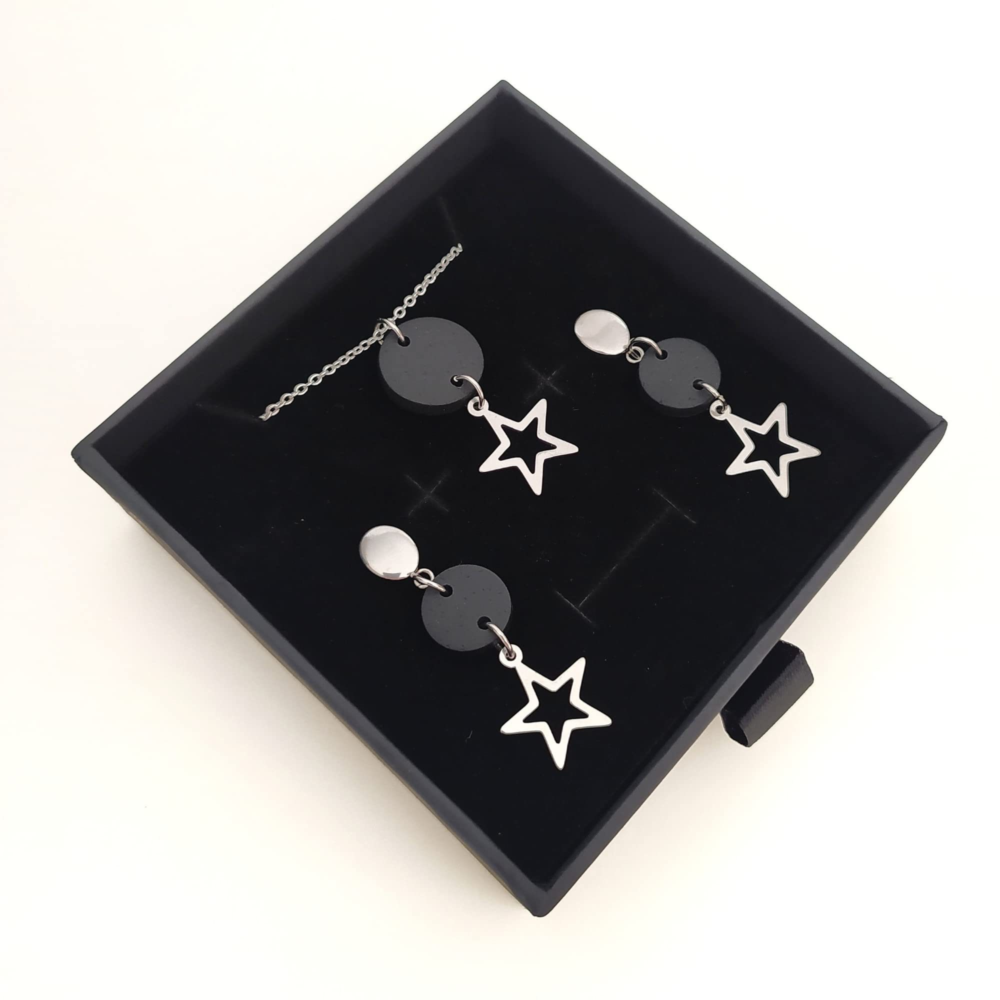Pendientes estrella y Collar Estrella, Conjunto Estrella de collar y pendientes para mujer de acero inoxidable en color plata, Regalo original para Mujer