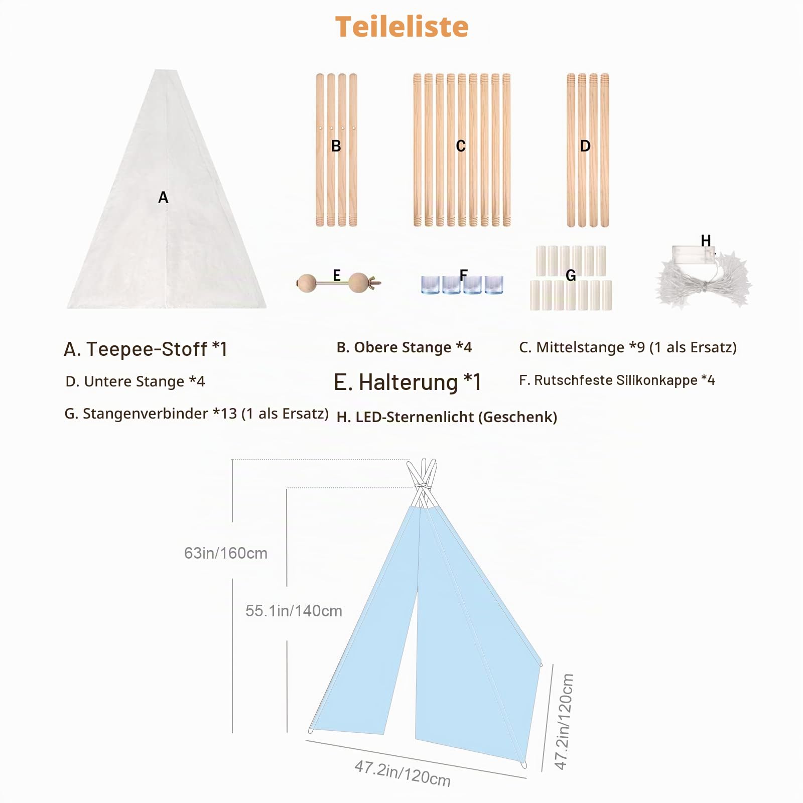 Tipi Zelt für Kinder mit Lichterkette, Faltbare Kinder Spielzelte Spielhaus für Mädchen und Jungen, Wigwam Zelt zum Spielen Outdoor Indoor (Weiß)