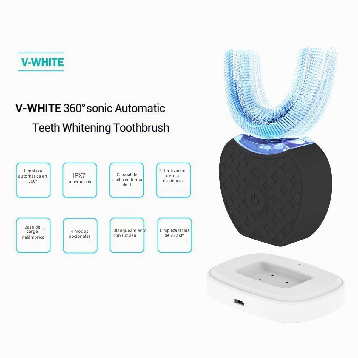 Cepillo de Dientes Ultrasónico Automático, Cepillo de Dientes Eléctrico Ultrasónico 360° para Adultos (Negro)