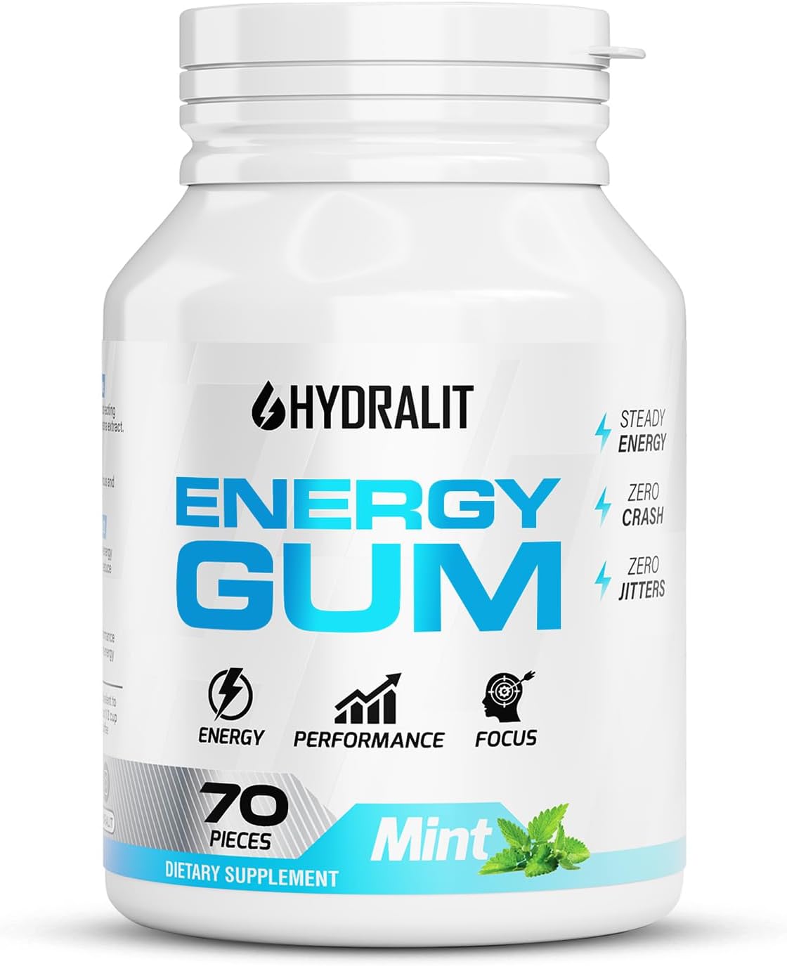 Chicle Energy Gum con Cafeína, Vitaminas B, Taurina Sin Azúcar Sabor Menta 70 Unidades