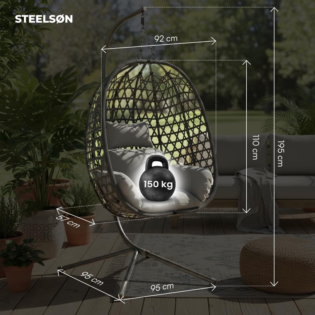 STEELSØN Sarin Hängesessel mit Gestell – Hängestuhl Rattan Outdoor & Indoor mit Kissen – Hängekorb Schwarz – Gartenschaukel für Erwachsene & Kinder – Korbhängesessel faltbar – Hanging chair bis 150 kg