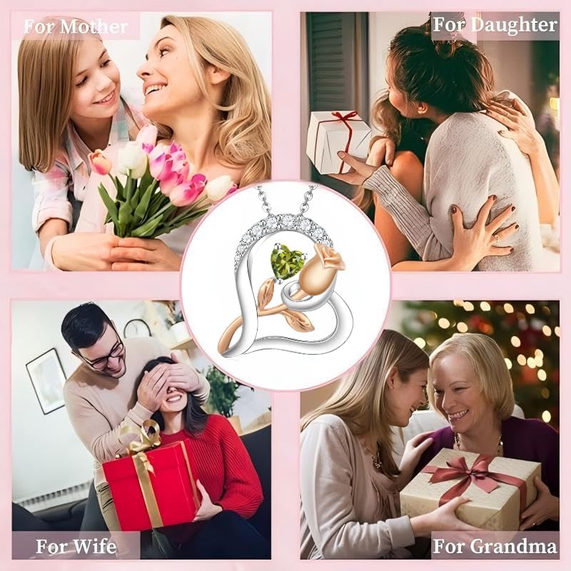 Rose Flower Heart Birthstone Necklaces for Women, 925 Sterling Silver Anniversary Jewelry, Pendant Heart Necklaces Birthday Anniversary Christmas Gift for Women Wife Mom Girlfriend Lady - Image 5