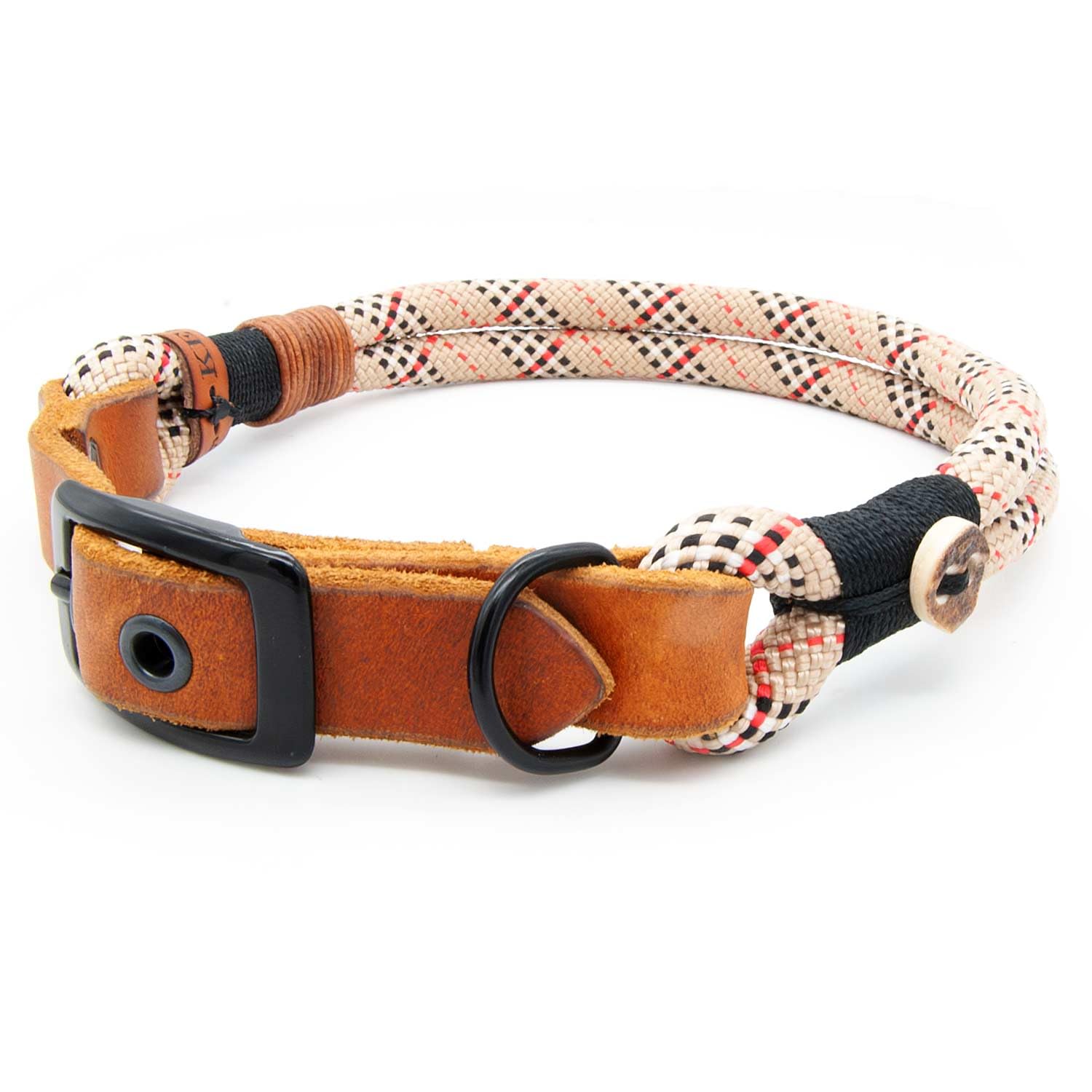 Hundehalsband aus Tau & edlem Leder | Highland Houndstooth | verstellbar & robust | Elegantes, handgefertigtes Design | Halsband Hund für mittelgroße & große Hunde mit Schnalle – beige