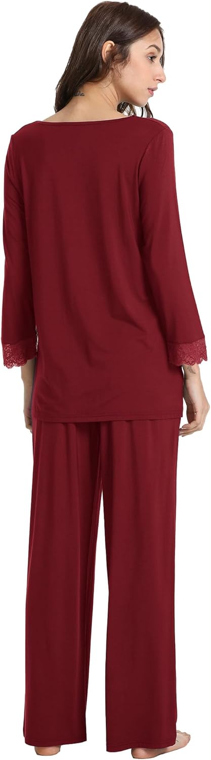 GYS Women's Pajama Sets Viscose from Bamboo Lace Trim Long Sleeve Sleepwear Soft Pjs Lounge Sets with Pockets - Image 2