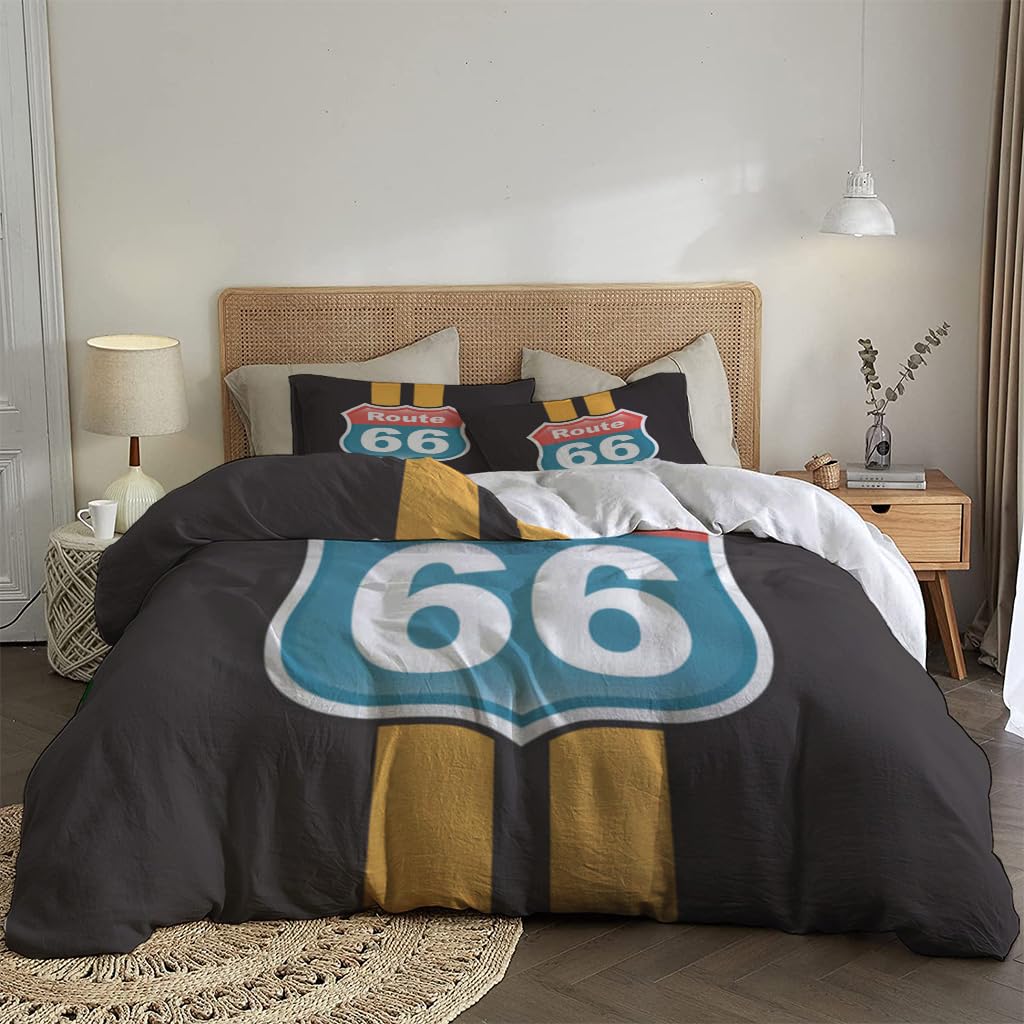 NIBAINLO 布団カバールート66の道路標識 肌に優しい ピーチスキン加工 掛け布団カバー 和式 洋式 あったか 布団カバーセット リバーシブル ホームステイ ホテル 家庭兼用