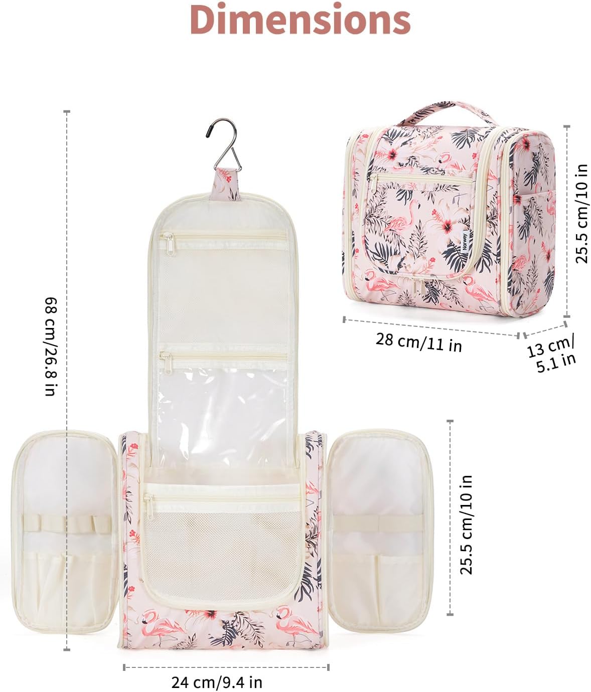 Narwey Hanging Toiletry Bag for Women Travel Makeup Bag Organizer Toiletries Bag for Cosmetics Essentials Accessories (Large, Beige Bird) - Image 5