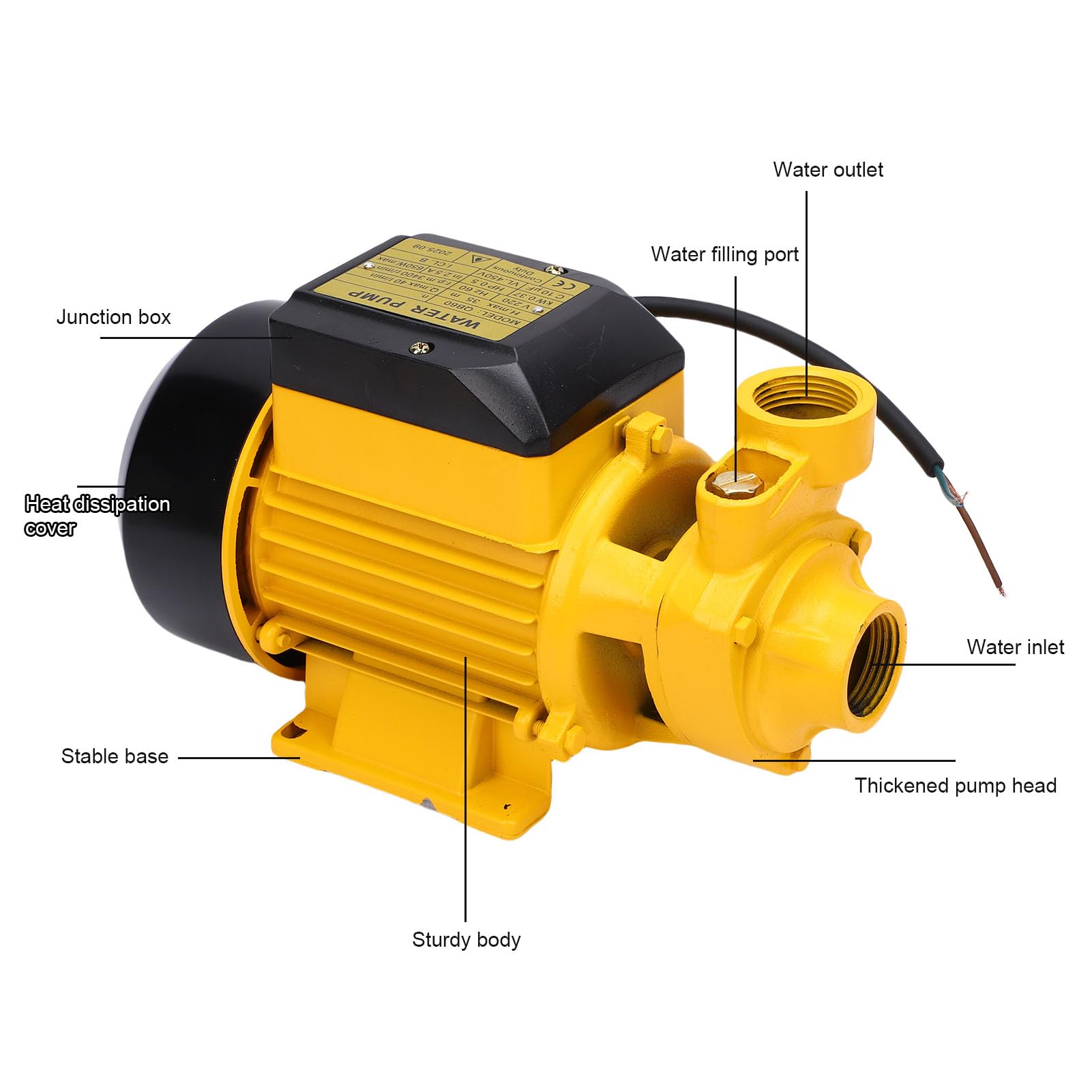 Bomba de Agua Centrífuga de 650 W, Elevación de 35 M, Caudal de 40 L/min, Entrada y Salida de 2,5 Cm, para Impulsar Estanques, Piscinas, Pozos, de Riego con Cubierta