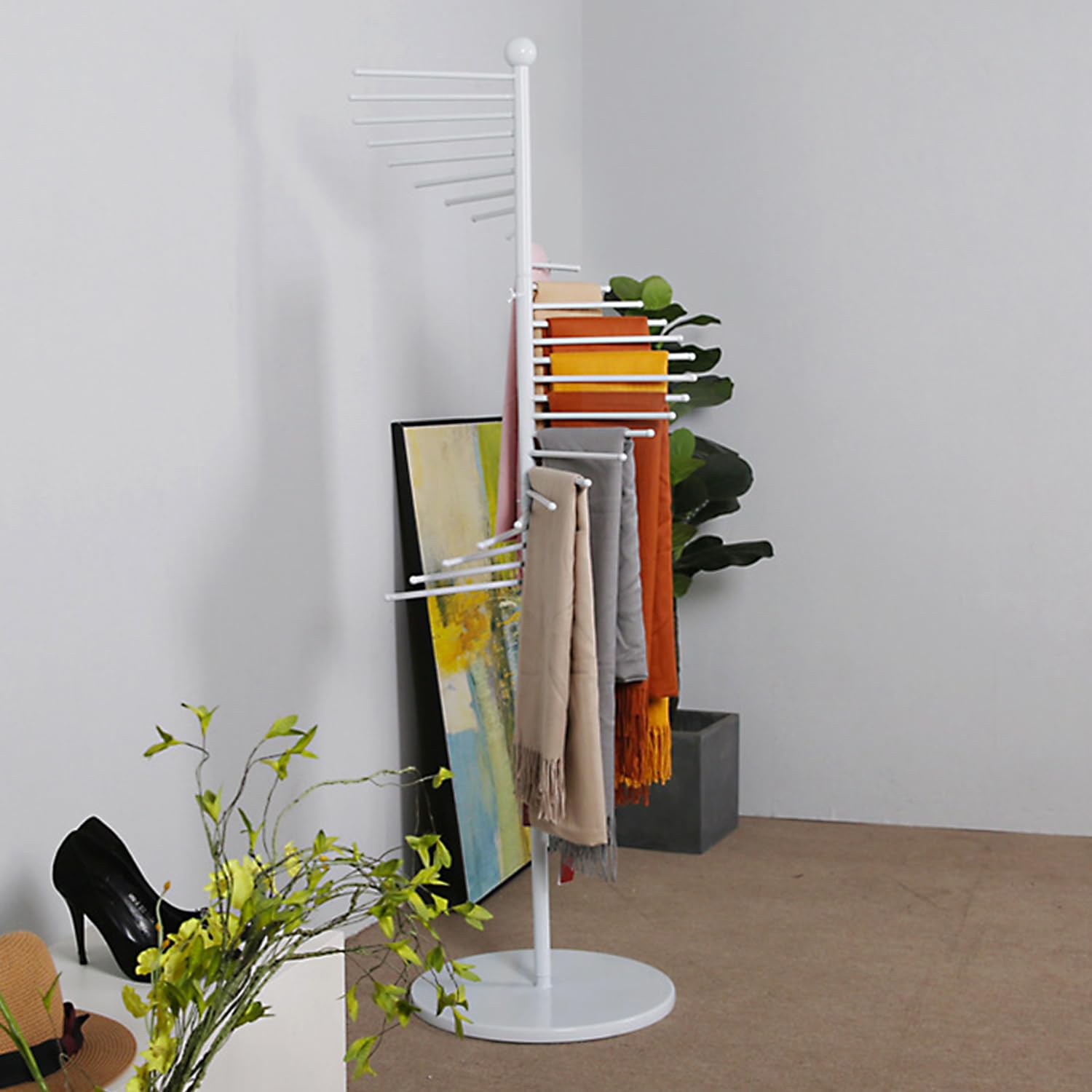 UWYTGF Floor Standing Scarf Display Stand,Standing Metal Scarf Rack,30 Large Capacity Scarf Organizer,Boutique Retail Store Silk Scarf Storage Rack,for Cloakroom,Clothing Store