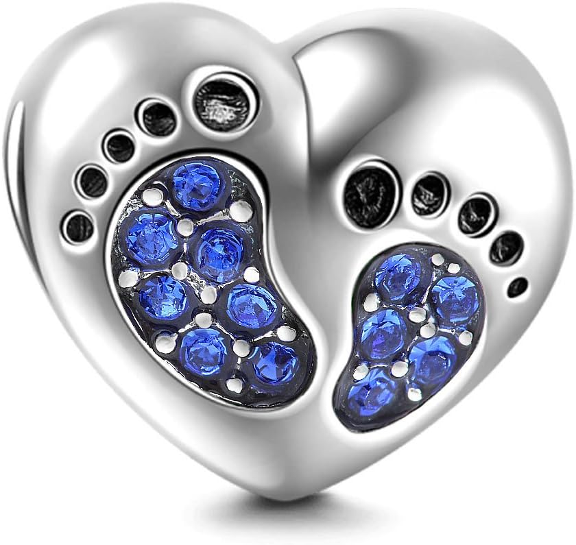 Heart Love Footprints Charms 925 Sterling Silver Jan-Dec Birthstone Crystal Charms Beads for Pandora Bracelets