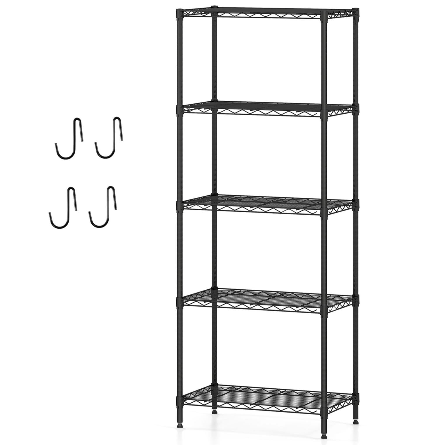 TANGZON 3/4/5/6 Tiers Metal Shelving Unit, Reconfigurable Adjustable Wire Kitchen Storage Unit with 4 Hooks, Standing Shelf Units Racking for Kitchen Garage Living Room (59x34x152cm, 5)