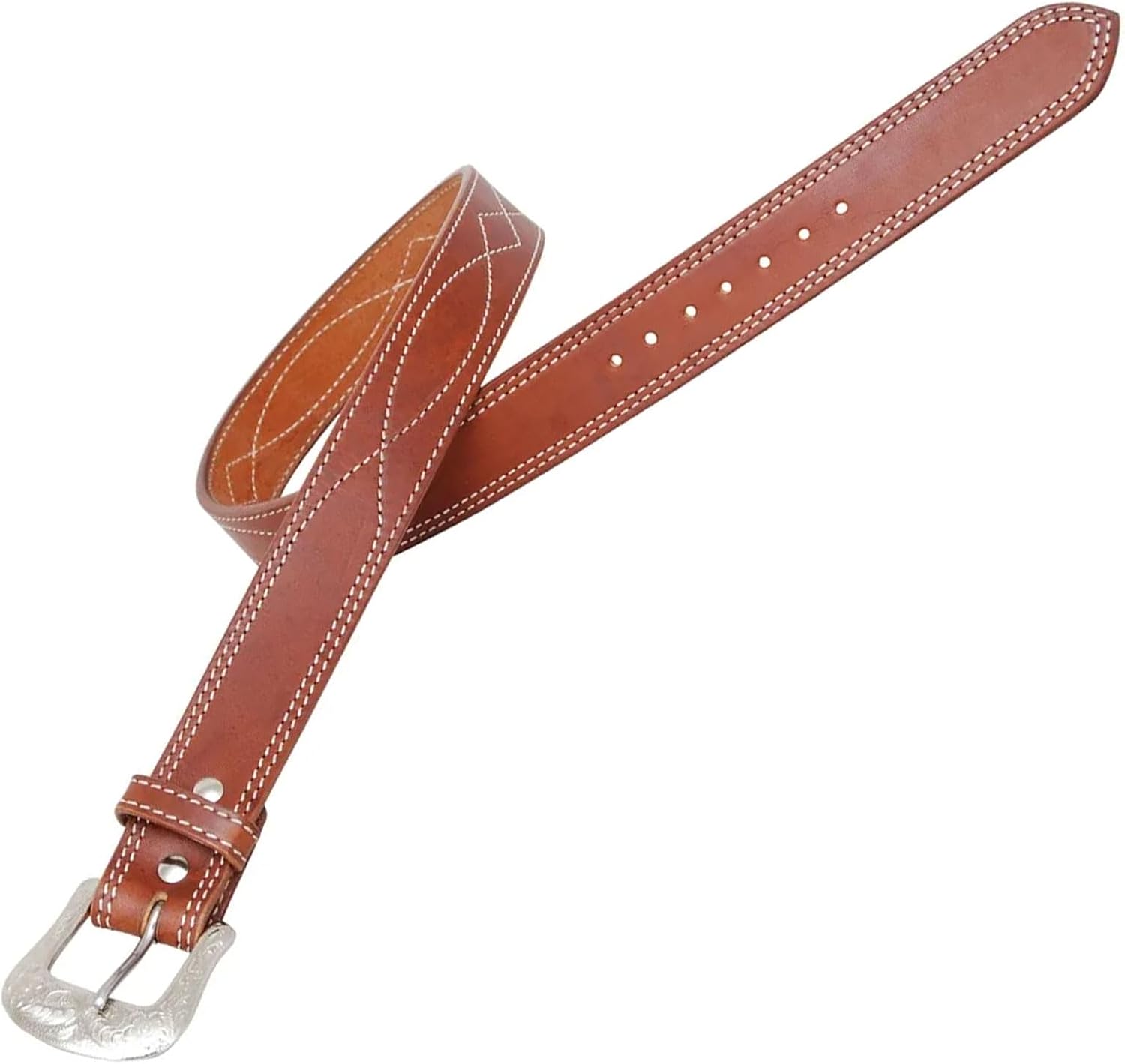 Circle Y Men's Stitched Leather 1 1/2" Wide Smooth Classic Work Belt with Regular Oil Finish & Silver Etched Removable Buckle