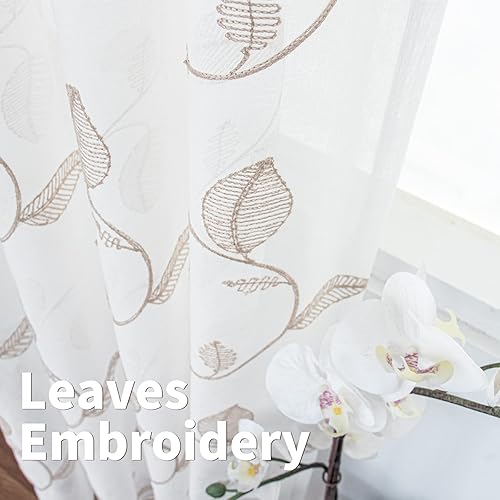 Miniatura 3 de BGment Cortinas semitraslúcidas para dormitorio de 63 pulgadas de largo, cortinas traslúcidas bordadas con patrón de hojas marrones, cortinas de