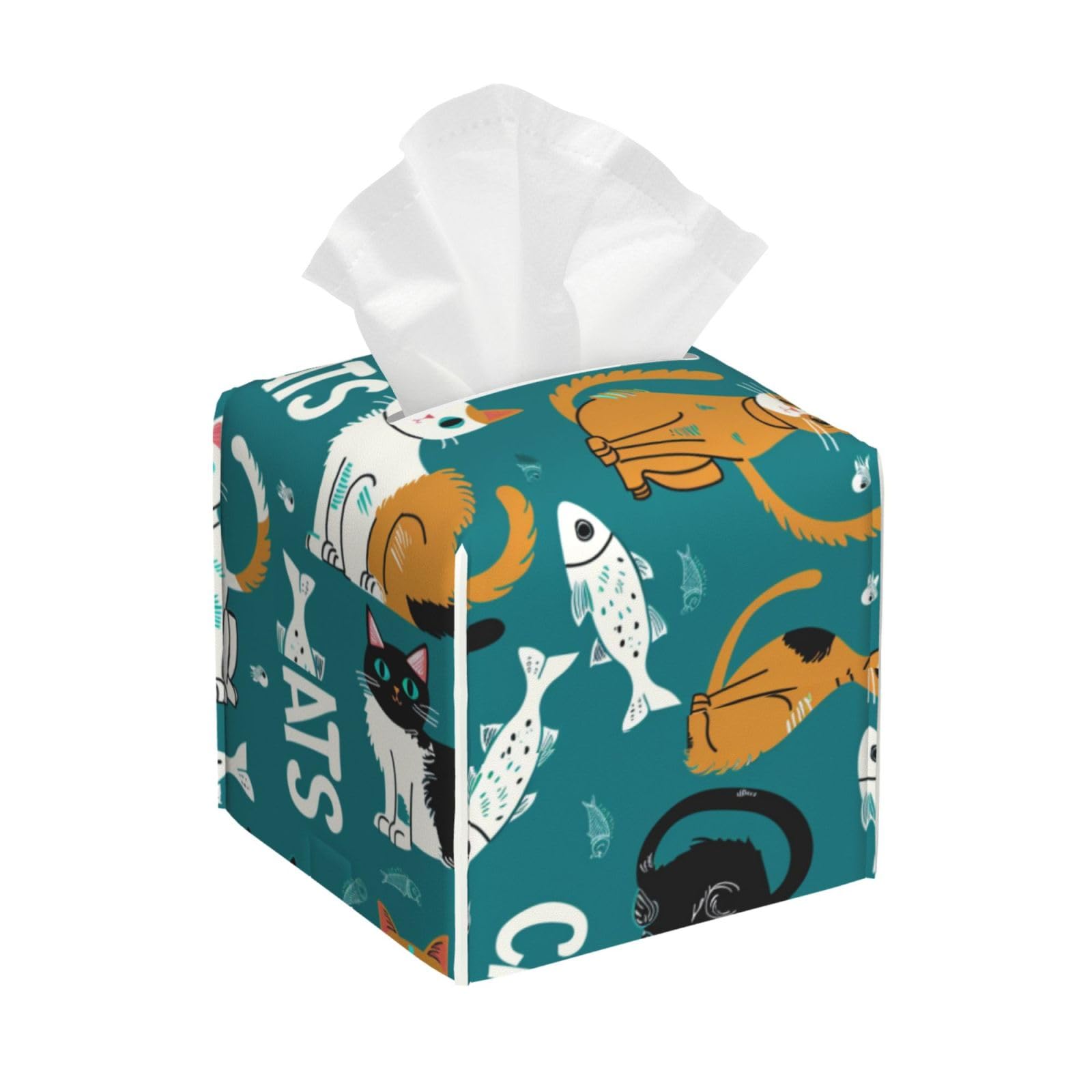 Square Tissue Box Cover, Leather Tissue Cube Box Holder, Cartoon Lovely Cats Facial Paper Case for Tabletop, Bathroom, Car, Office 5.2"x5.2"x5.2"in