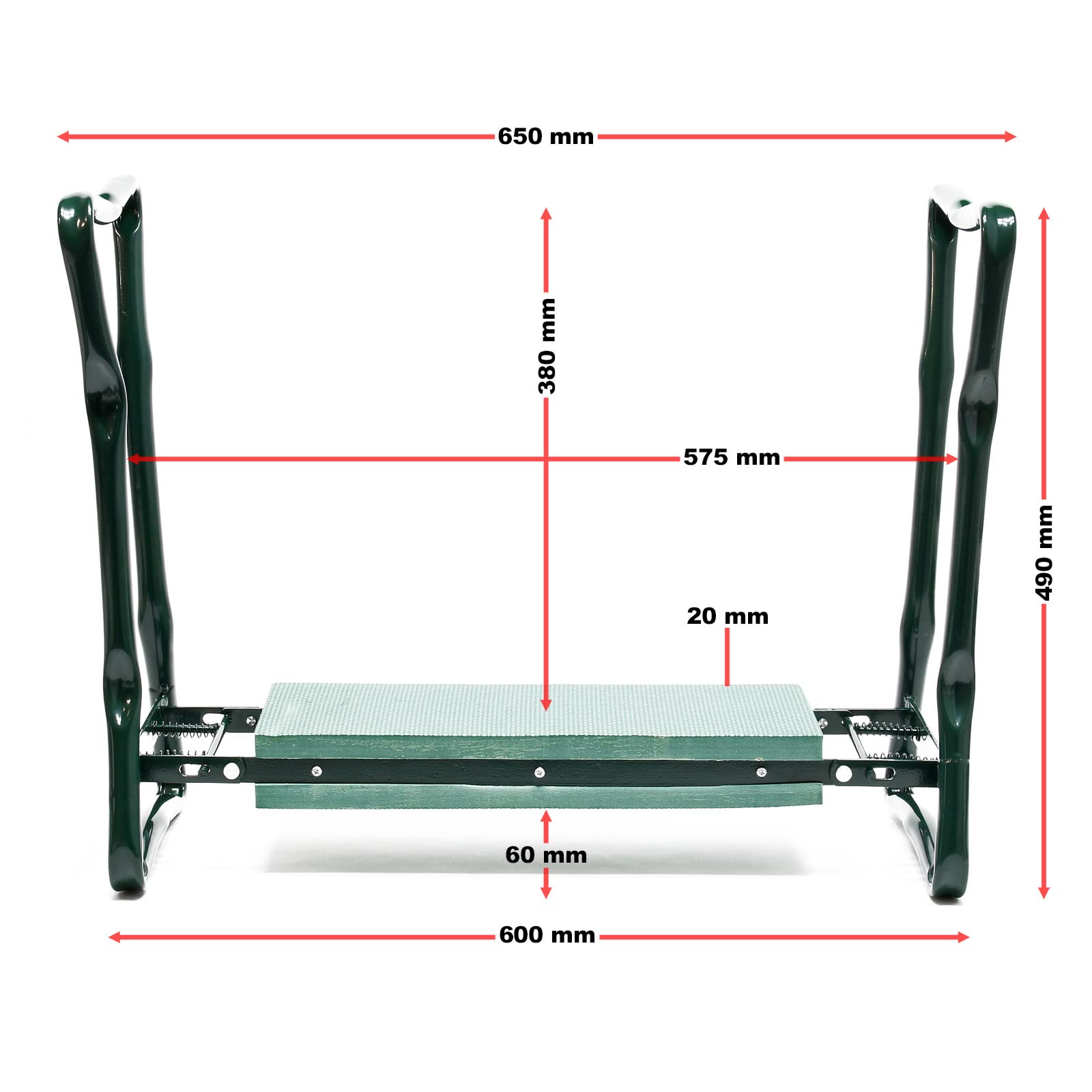 Tabouret de Jardinier 2 en 1 – 650 x 270 x 490 mm – Capacité 150 kg – en Fer et EVA – Agenouilloir de Jardinage Pliable avec 2 Poches, Assise rembourrée, Siège Jardinier