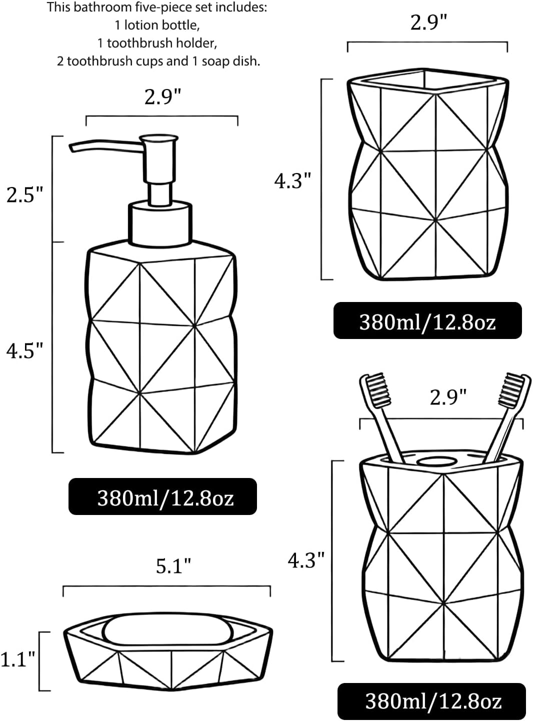 Ceramic Bathroom Accessories Set, 5-Piece Modern Bath Set with Soap Dispenser, Toothbrush Holder, 2 Tumblers & Soap Dish, Speckled Stoneware Countertop Bathroom Decor