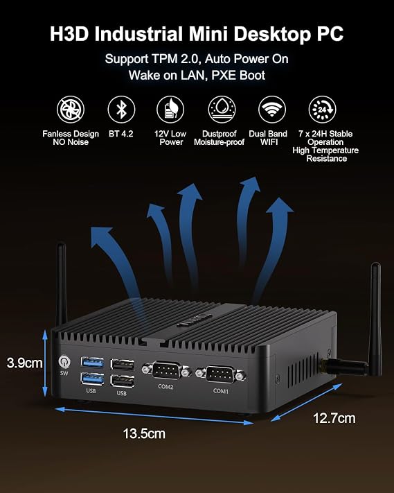 Fanless N100 Mini PC Industrial Computer 3-Display 16GB RAM 512GB SSD