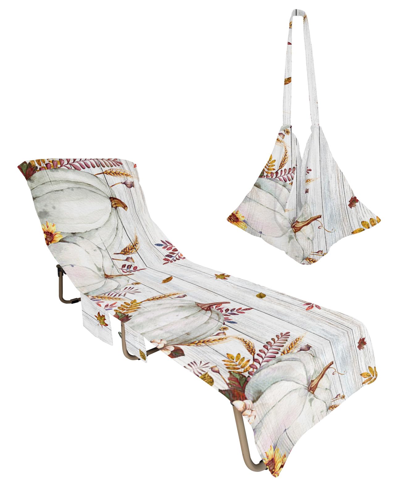 White Pumpkin Beach Chair Towel Covers for Chaise Lounge with Side Pocket, Soft Plush Pool Towels Cover for Patio Sunbathing Outdoor 29''x85'' Thanksgiving Fall Sunflower Wheat Wood Grain