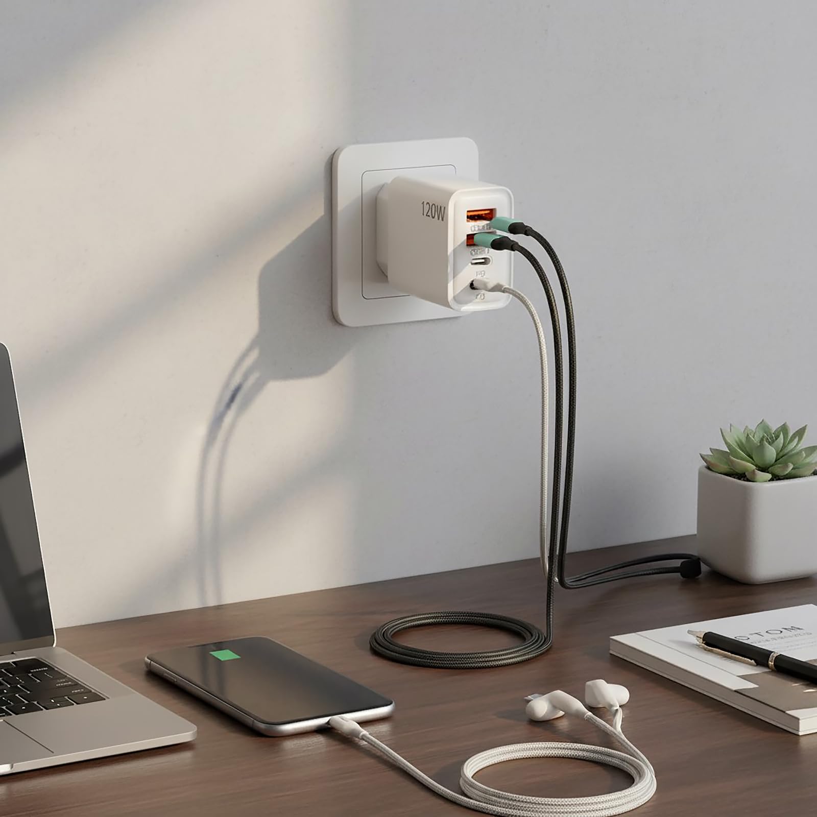 PD 3.0 Szybka ładowarka 120 W, 4 porty USB C z 2 USB-C i 2 USB-A, multizasilacz z ochroną bezpieczeństwa do iPhone'a 17/16/15Pro/Pro Max, Samsung Galaxy, iPada