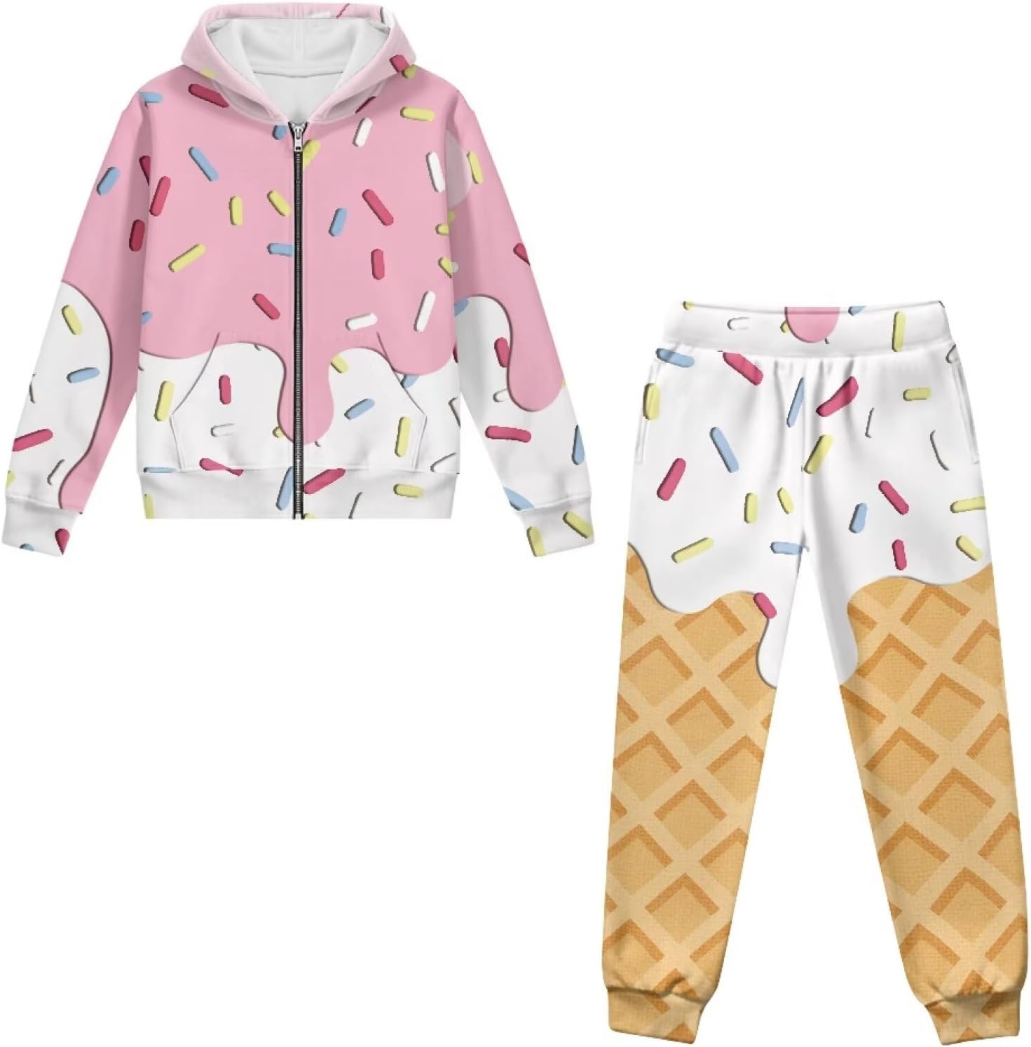 Girls Ice Cream Print 2 Piece Long Sleeve Hooded Sweatshirt Jogger Pants Set Fall Winter Tracksuit for Kids 6-15Y