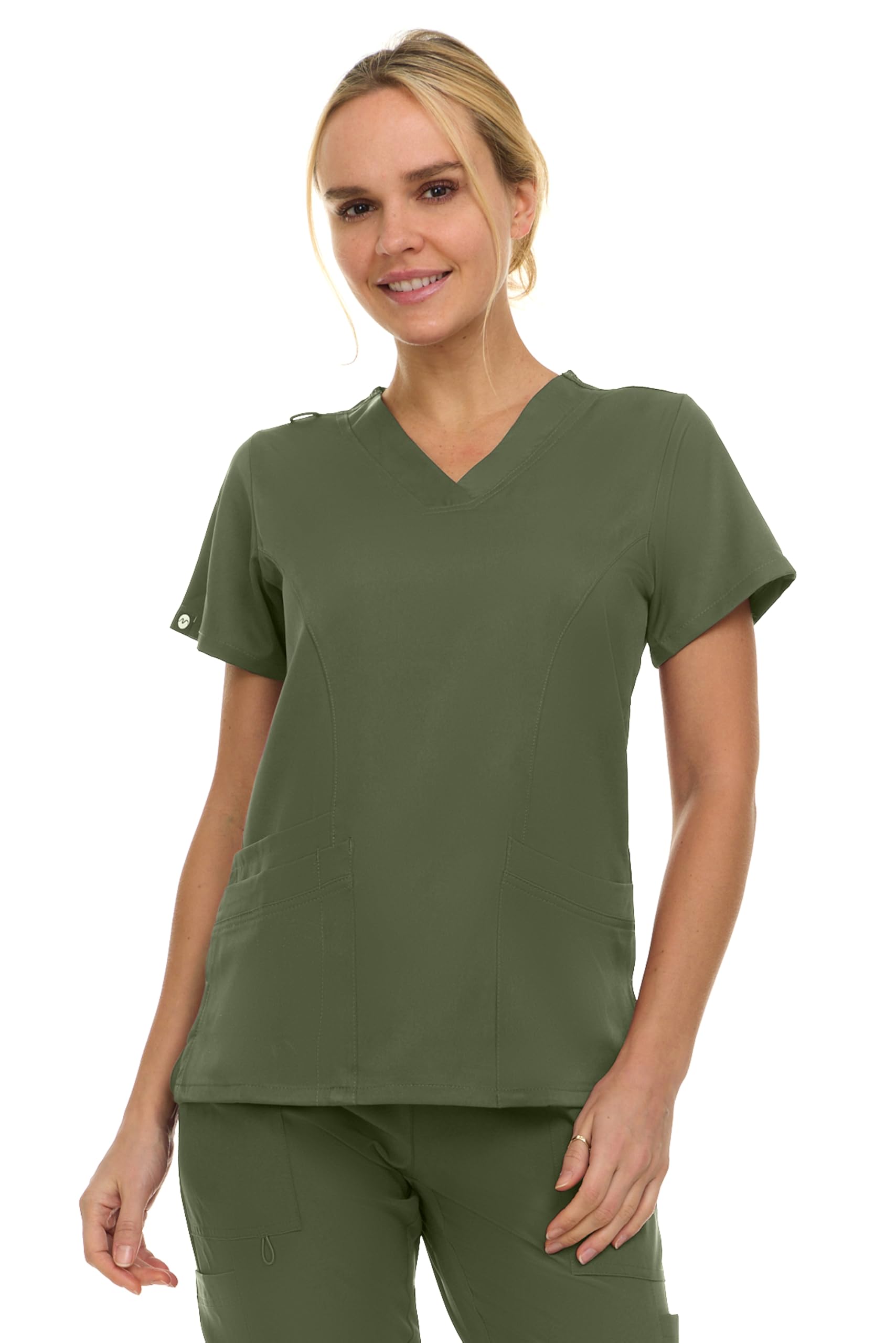 MediChic Women's V-Neck Scrub Top - 3-Pocket, 4-Way Stretch, Comfortable Medical Uniform, Olive Large
