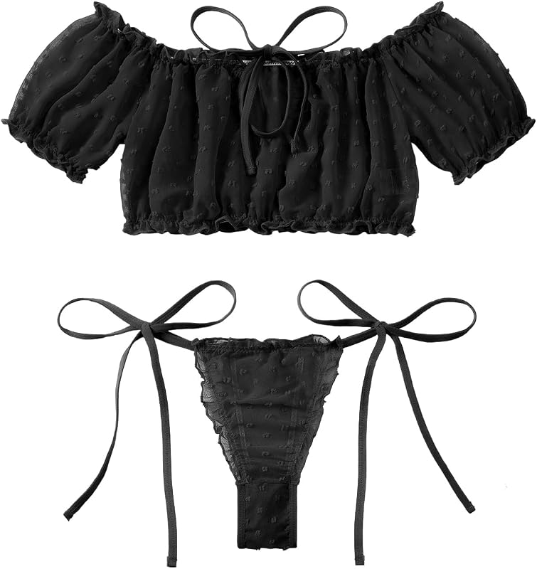 Sexy Lingerie Set 2 Piece Women Bra and Panty | Side Tie Mesh Sheer Exotic Outfits See Through Crop lingerie Halloween Christmas Valentine's Day