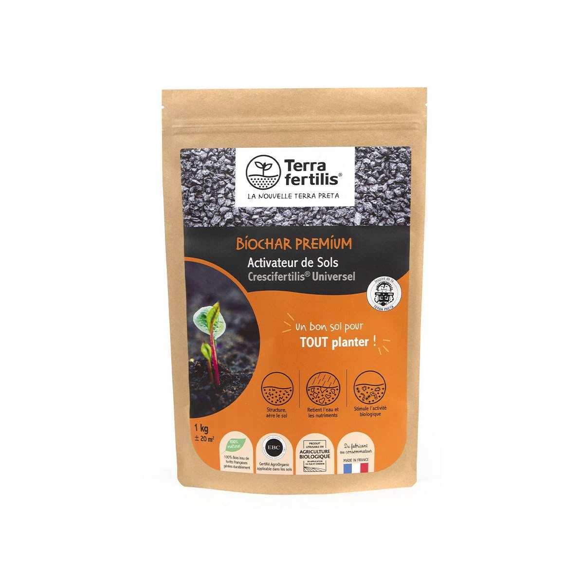 Terra Fertilis - Fertilisant Sols Universel - à base de Biochar (charbon végétal) - Stimule l'activité biologique du sol - Retient l'eau et les nutriments au niveau des racines - 1KG