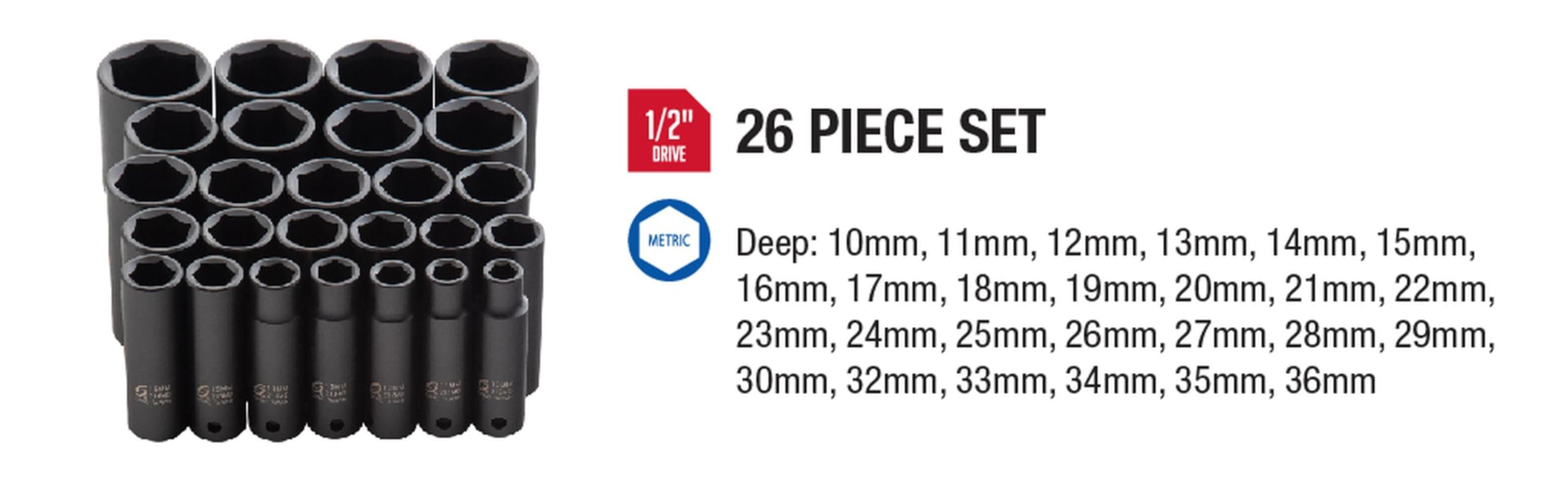 Sunex 2646 1/2 Antrieb Metrisches Impact Socket Set, metrisches, Standard, 6-kant, Cr-Mo, 10-36 mm, 26-teilig,
