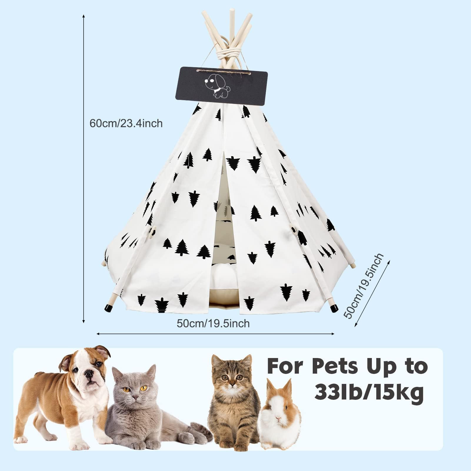 Tente de Tipi pour Chien Animaux De Compagnie Teepee Tente avec Coussin Amovible et Lavable Niche Chien et Chat Intérieur Tente de Jeu pour Chien de Compagnie avec Tableau Noir 50x50x60cm