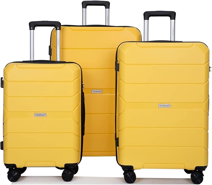 review Jauiegu 3 Piece Luggage with TSA Lock ABS, Durable Luggage Set, Lightweight Suitcase with 2 Hooks, Spinner Wheels PP Luggage Sets 20in/24in/28in (Yellow)