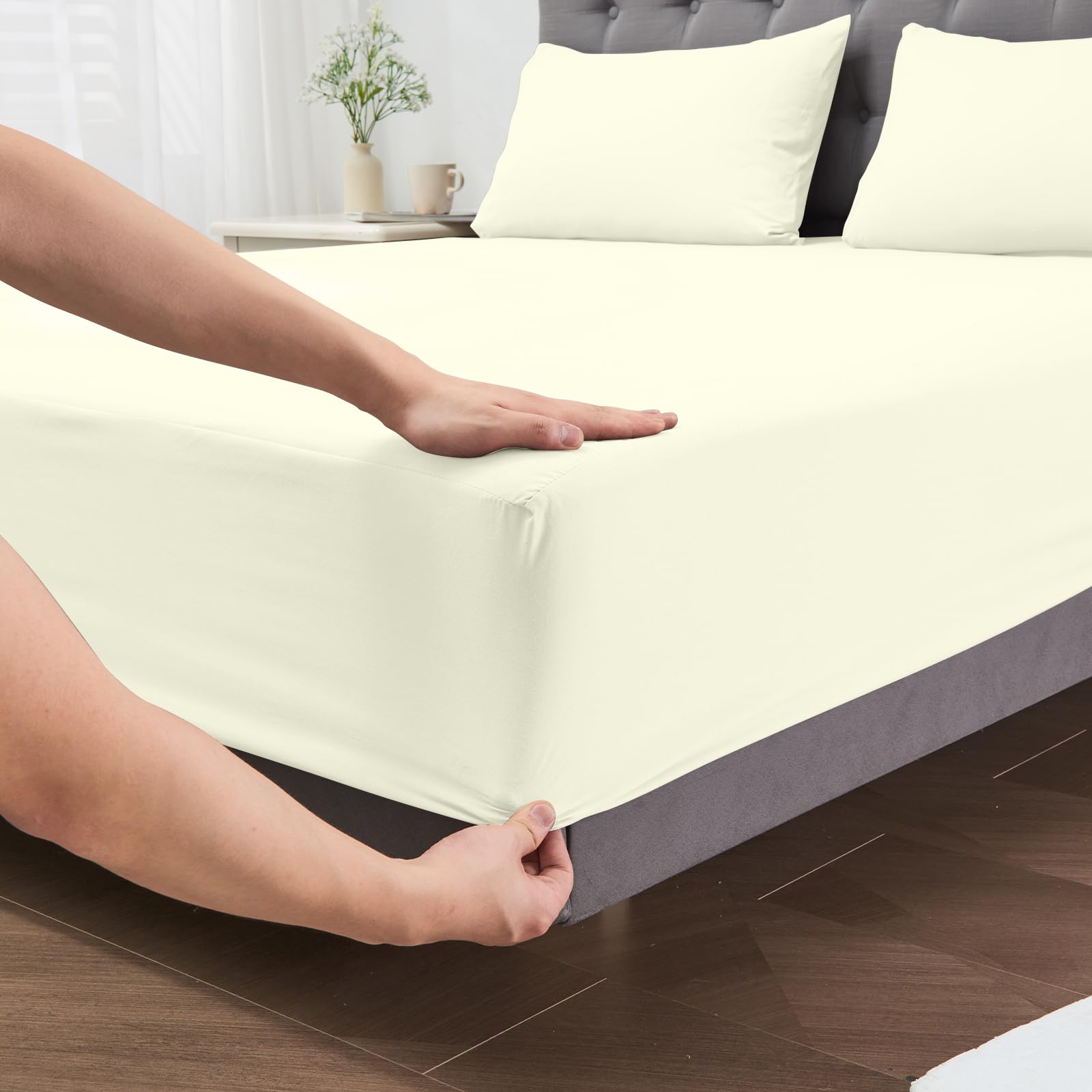 Protector de colchón impermeable de 200 x 200 cm, sábana bajera transpirable, sábana bajera de alta calidad, lavable a máquina a 60 °C, color beige