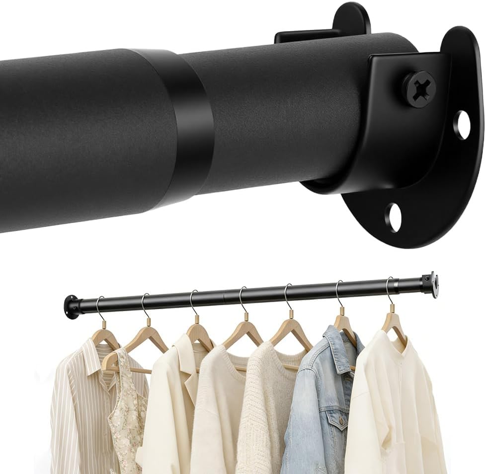 Wardrobe Rail, Extendable Clothes Hanging Pole 43-177cm, Heavy Duty Wardrobe Rod with Fixing Sockets, Adjustable wardrobe Hanging Rails for clothes, Cabinet, Bathroom, RV Diameter 32mm Black