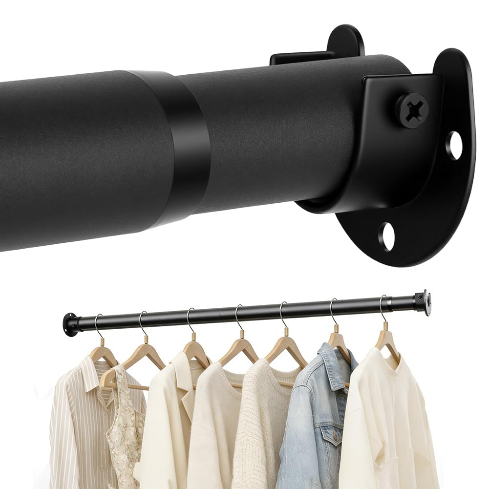 NUTKIT Wardrobe Rail, Extendable Clothes Hanging Pole 43-177cm, Heavy Duty Wardrobe Rod with Fixing Sockets, Adjustable wardrobe Hanging Rails for clothes, Cabinet, Bathroom, RV Diameter 32mm Black