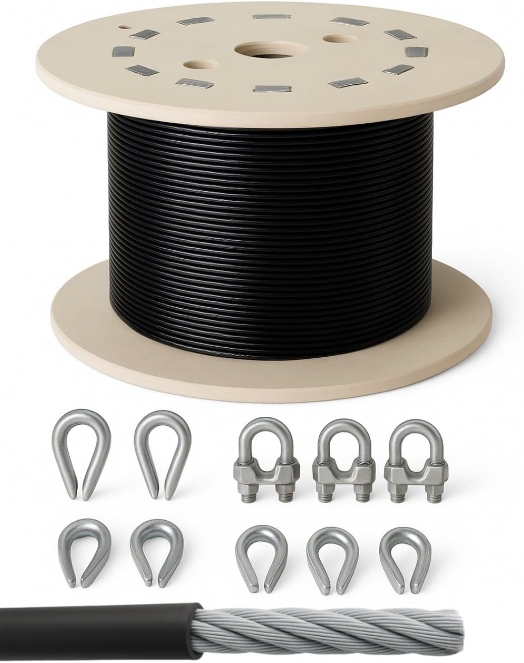 30 Meter Heavy-Duty Gym Wire Rope – 5mm PU Covered Steel Cable for Fitness Equipment, with 4 Wire Thimbles and 4 Steel U - Clamps Wire Locks