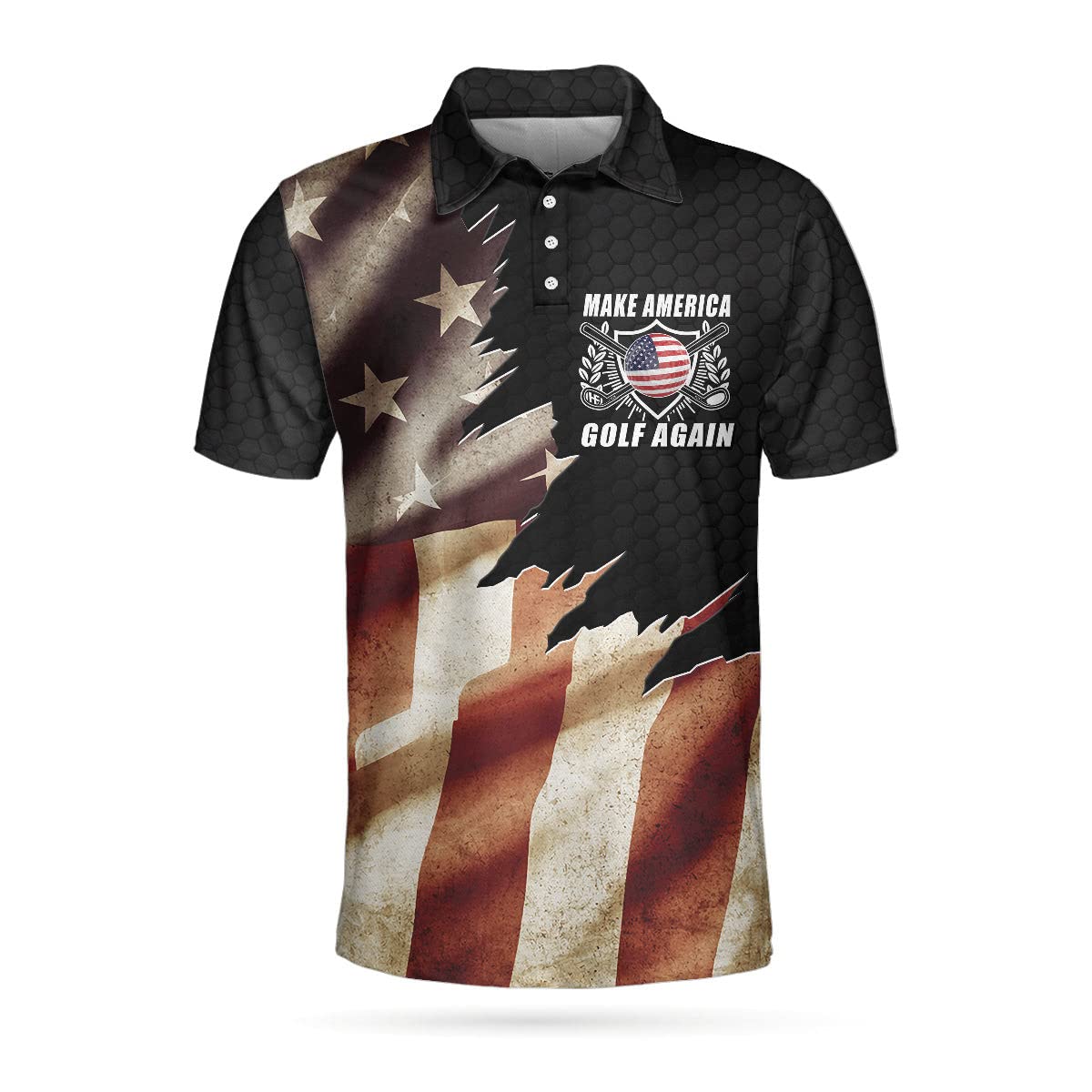 Make America Golf Again Custom Polo Shirt Personalized Black Hornet Nest Pattern American Flag Golf Shirt for Men, Mens Polo Shirts for Gifts, Short Sleeve Men's Shirt