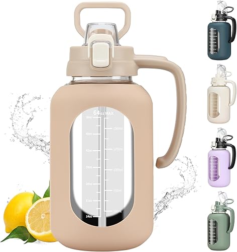 Botella de agua motivacional grande de 64 onzas con marcador de tiempo, botellas de agua deportivas con funda de silicona y tapa con asa, jarra de
