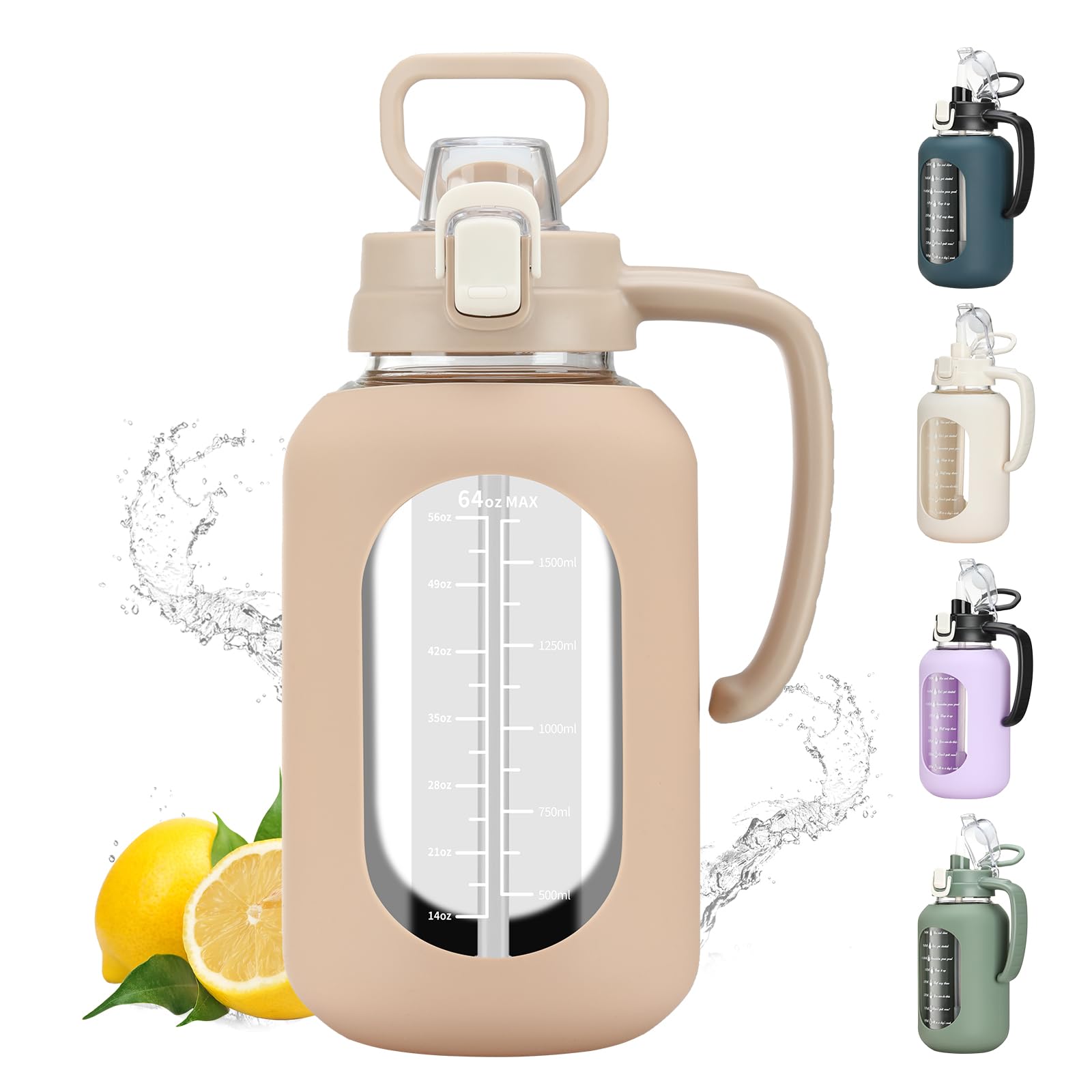 Olivego 64 oz Glass Water Bolttles Half Gallon Large Motivational Water Bottle with Time Marker Sports Water Bottles with Silicone Sleeve and Handle