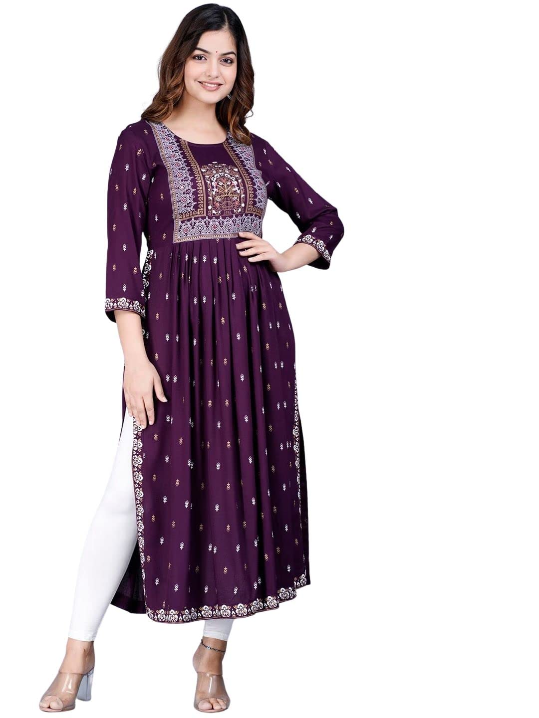Rytras Women's Rayon Printed Flared Kurti(Purple,Xxl)