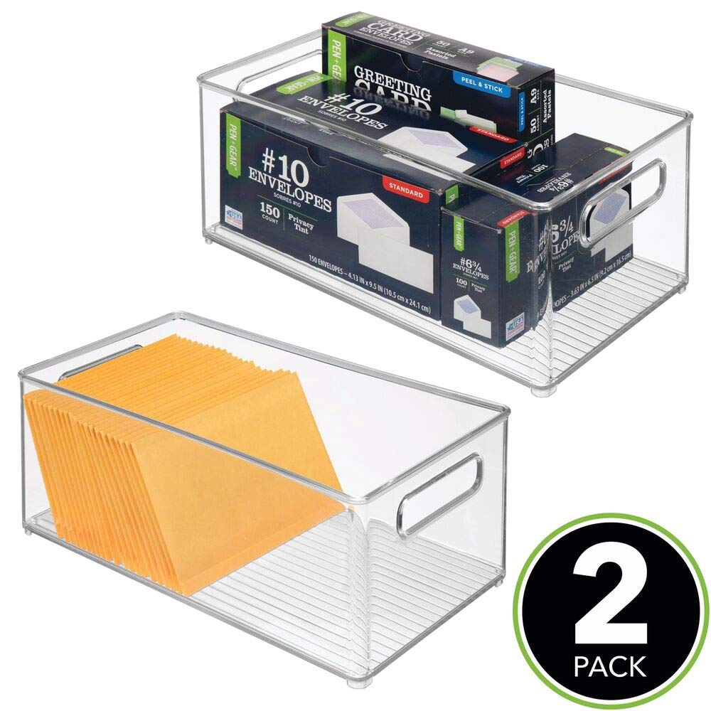 mDesign Tiefe Kunststoff-Aufbewahrungsbehälter, Büro-Organisation für Aktenschrank, Schrank, Regale und Schreibtisch – hält Notizblöcke, Stifte, Textmarker und Hefter – 2 Stück – transparent