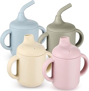 Sliner 4 Pieces Silicone Sippy Cup Spill Proof Training Cup Soft Toddler Cups Trainer Cup with Straw Lid and Non Slip Handles Soft Spout Sippy Cup for Baby Toddler Infant