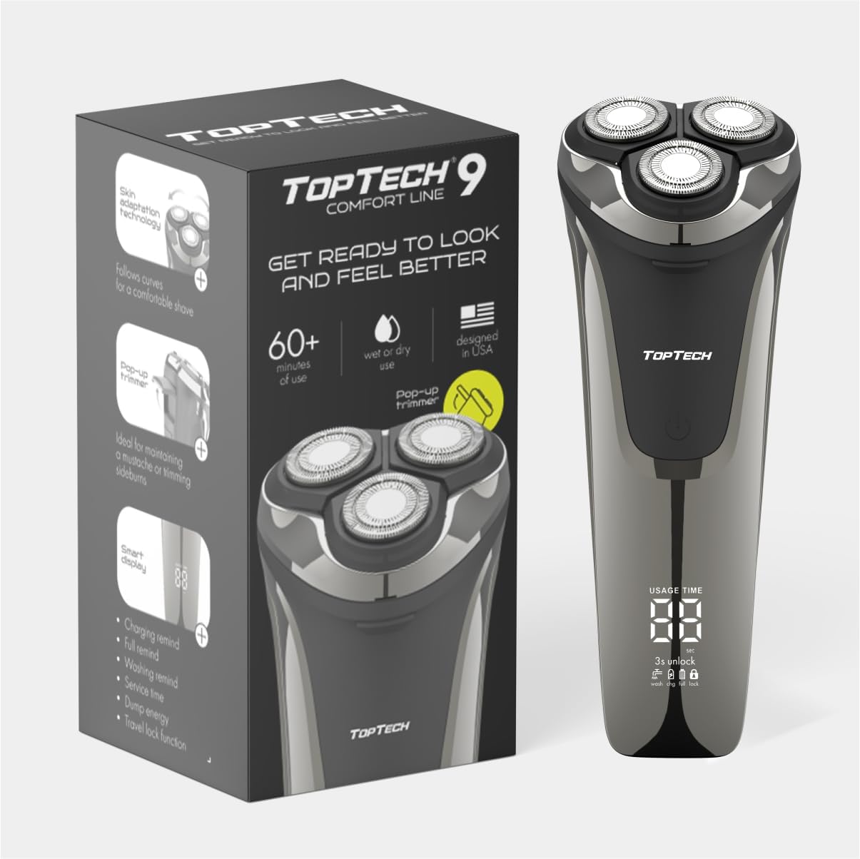 Electric Shaver for Men – TT Comfort Line 9, Wet Dry Waterproof, Rotary Triple Head, USB-C Rechargeable Electric Razor, 60 Min Runtime, Pop-Up Trimmer